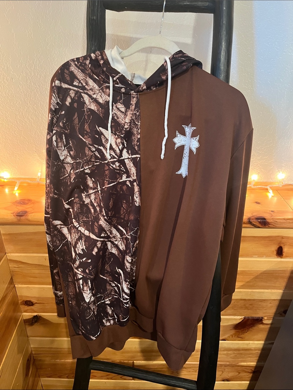 Men's Brown Split-Print Hoodie Sweater with Cross Accent
